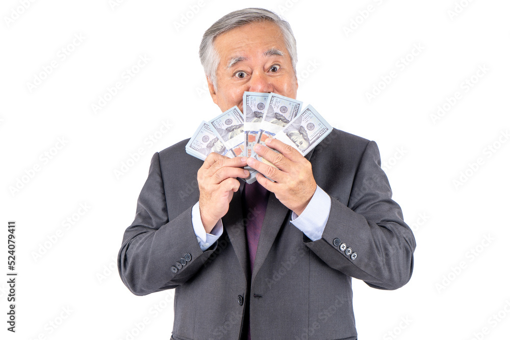 successful executive business asian elderly men wearing suit and necktie holding US dollars money and a smartphone in hand and expressing feeling of excitement, business bankruptcy economic financial. successful executive business asian elderly men wearing suit and necktie holding US dollars money and a smartphone in hand and expressing feeling of excitement, business bankruptcy economic financial.