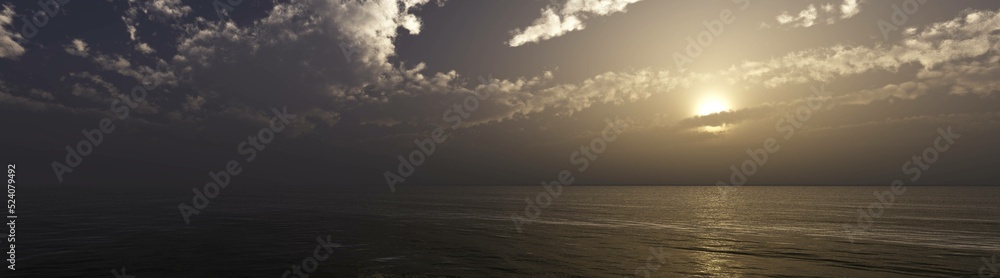 Sea sunset, ocean sunrise, sun over water surface, 3d rendering