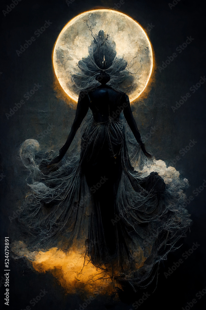 Obraz premium Amazing digital drawing of a woman standing front of the moon.