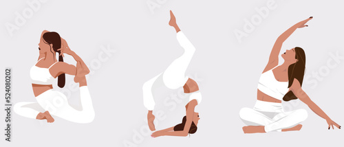 Collection set of young women doing yoga exercises. Bundle of female cartoon character demonstrating various yoga positions isolated on light background. Faceless flat illustration. 