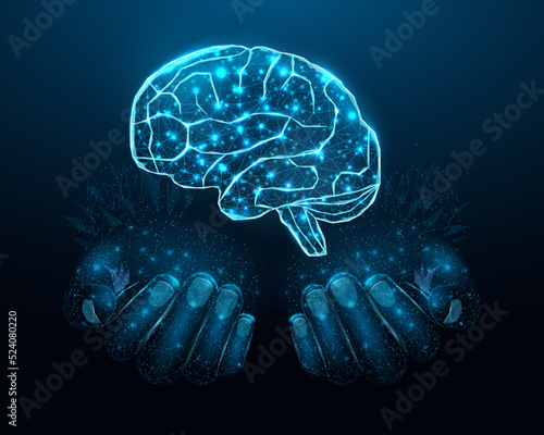 Two human hands are holds human brain. Support healthy brain concept. Wireframe glowing low poly design on dark blue background. Abstract futuristic vector illustration.