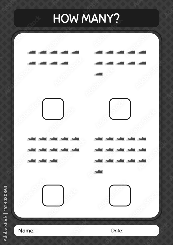 How many counting game with shoes. worksheet for preschool kids, kids activity sheet How many counting game with shoes. worksheet for preschool kids, kids activity sheet