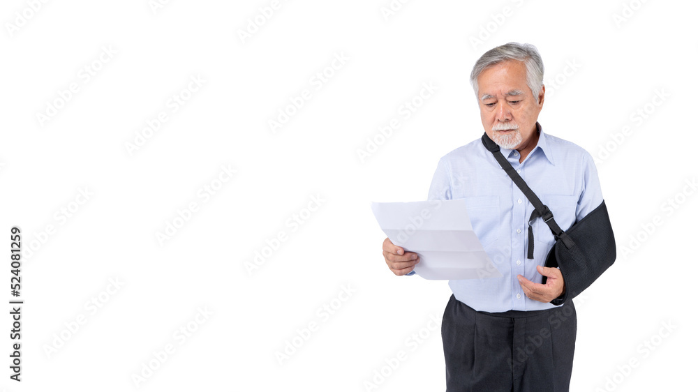 stress asian old man with Bill payment .asian elderly man with hat broken arm wear arm splint for treatment, Old elderly male payment credit card medical care. stress asian old man with Bill payment .asian elderly man with hat broken arm wear arm splint for treatment, Old elderly male payment credit card medical care.