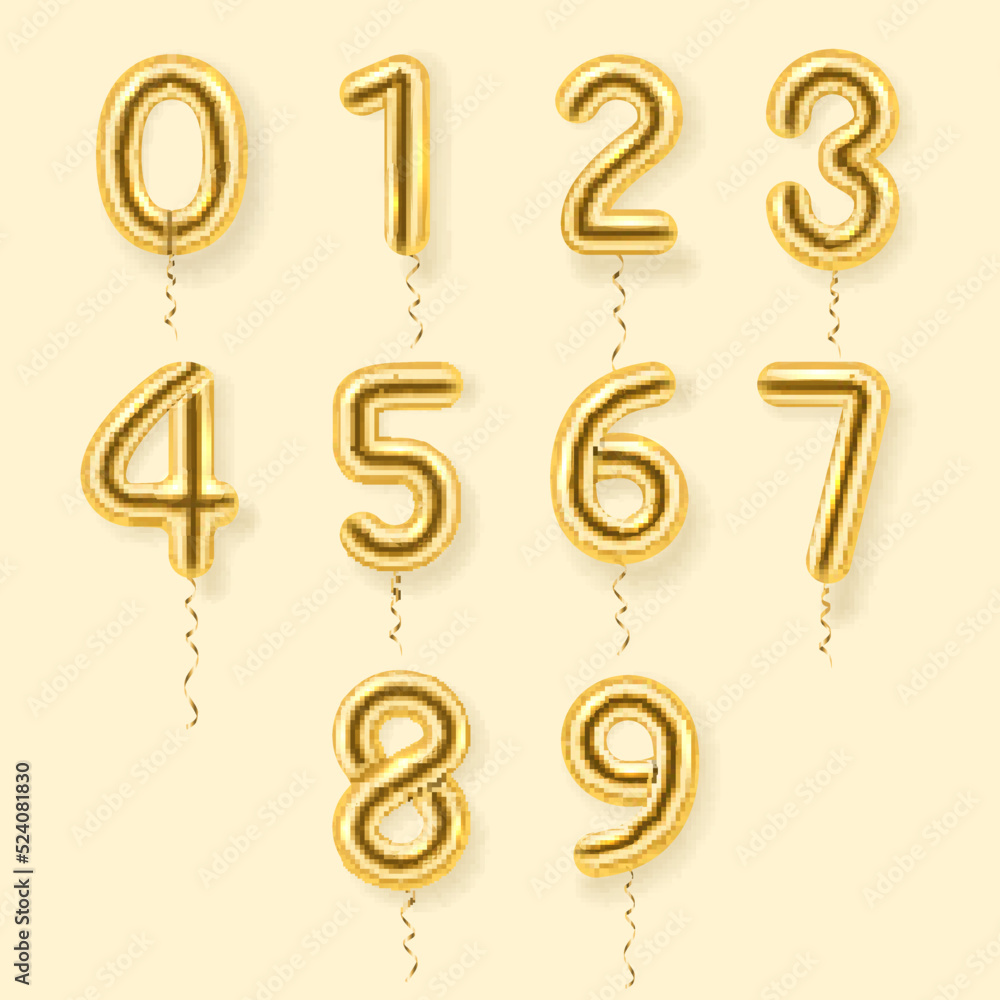 Golden balloons in numbers shape set realistic vector illustration. Air decor counting years party Golden balloons in numbers shape set realistic vector illustration. Air decor counting years party