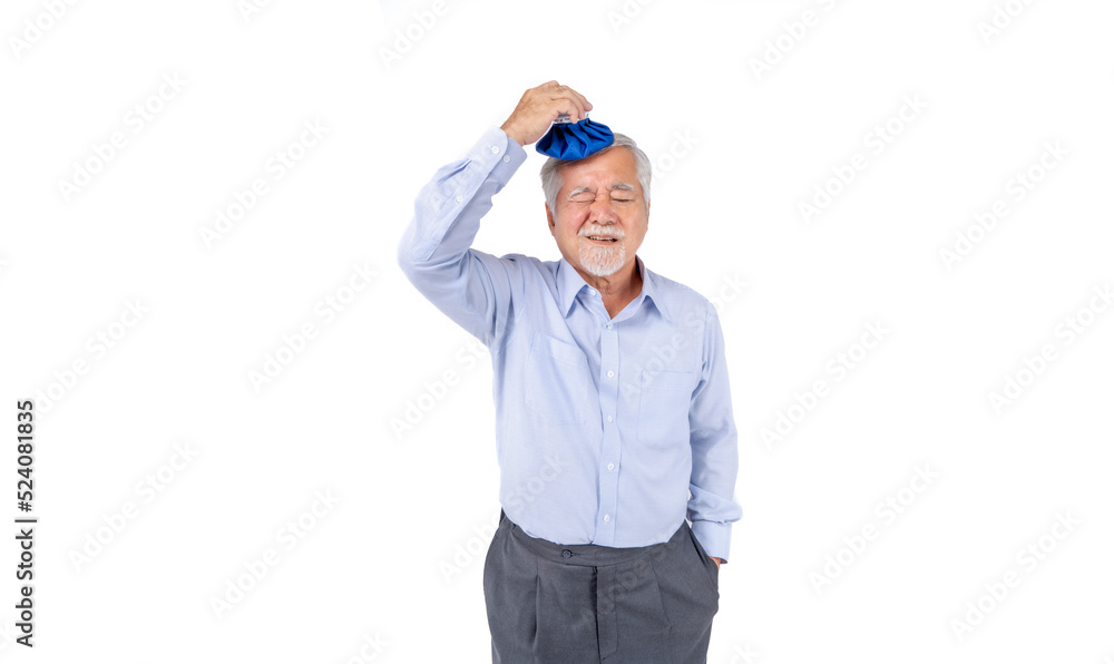 Health problems, Feeling terrible headache, Senior man applying ice pack on headache, Elderly man enduring awful ache, old man with suffering having painful expression headache. Health problems, Feeling terrible headache, Senior man applying ice pack on headache, Elderly man enduring awful ache, old man with suffering having painful expression headache.
