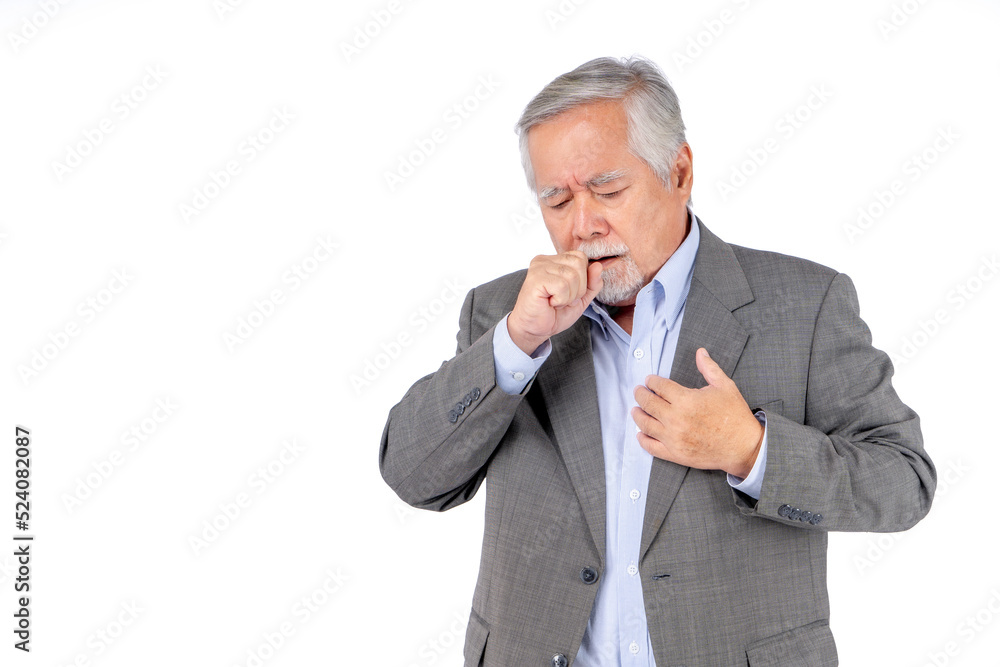 business asian elderly men wearing suit health problems, Old man Cough and chest pain. business asian elderly men wearing suit health problems, Old man Cough and chest pain.