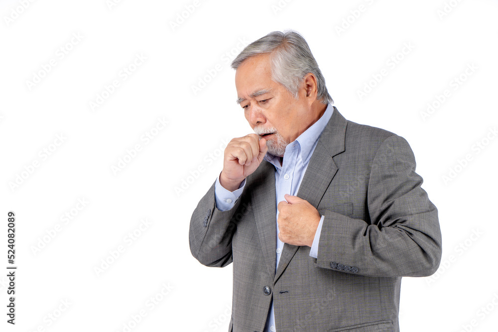 business asian elderly men wearing suit health problems, Old man Cough and chest pain. business asian elderly men wearing suit health problems, Old man Cough and chest pain.