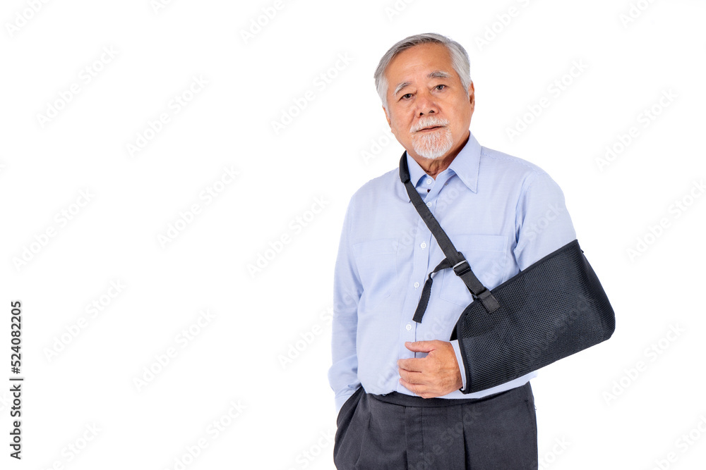retired asian elderly man broken arm wear arm splint for treatment confident lifestyle, Old elderly male medical care. retired asian elderly man broken arm wear arm splint for treatment confident lifestyle, Old elderly male medical care.