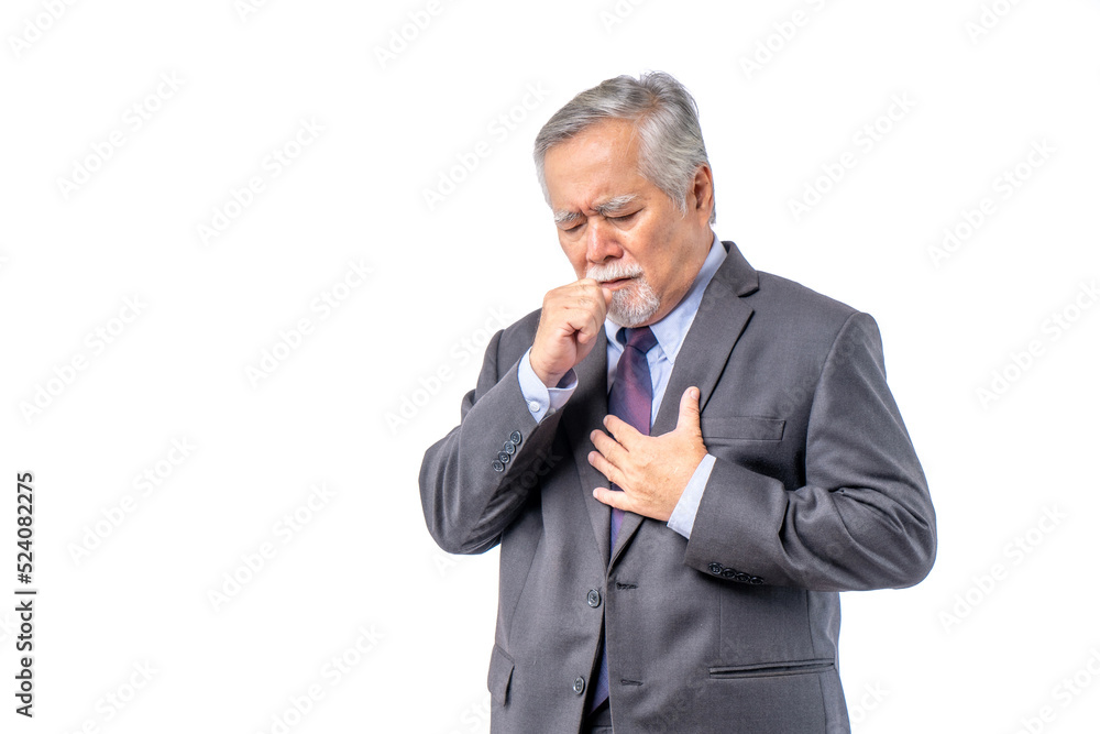 business asian elderly men wearing suit health problems, Old man Cough and chest pain. business asian elderly men wearing suit health problems, Old man Cough and chest pain.