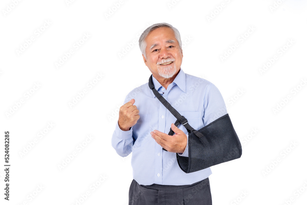 retired asian elderly man broken arm wear arm splint for treatment confident lifestyle, Old elderly male medical care. retired asian elderly man broken arm wear arm splint for treatment confident lifestyle, Old elderly male medical care.