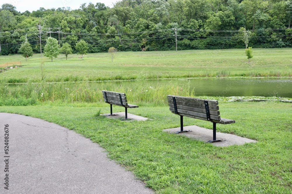 The empty wood benches in the park on a sunny day.
