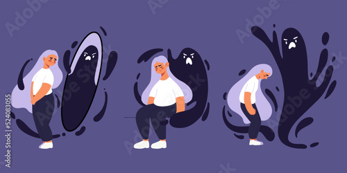 Young woman having mental problems. Depression, anxiety concept. Despaired feamle character suffering from psychology issues, sorrow, sadness, grief, panic attack vector illustration