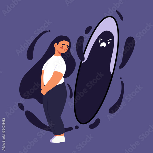 Psychological problems and fatphobia. Sad woman looking at mirror. Depressed young girl with eating disorder, dysmorphophobia. Vector flat illustration. Dissatisfaction with body, weight, appearance photo