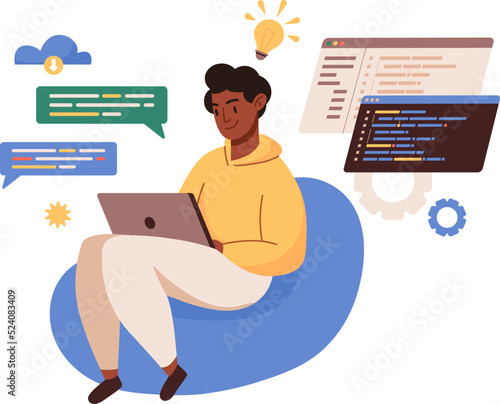 Coding project. Young man sitting with laptop, writing code, studying. Script coding in php, python, javascript, programming languages. Freelance and remote job, online course concept