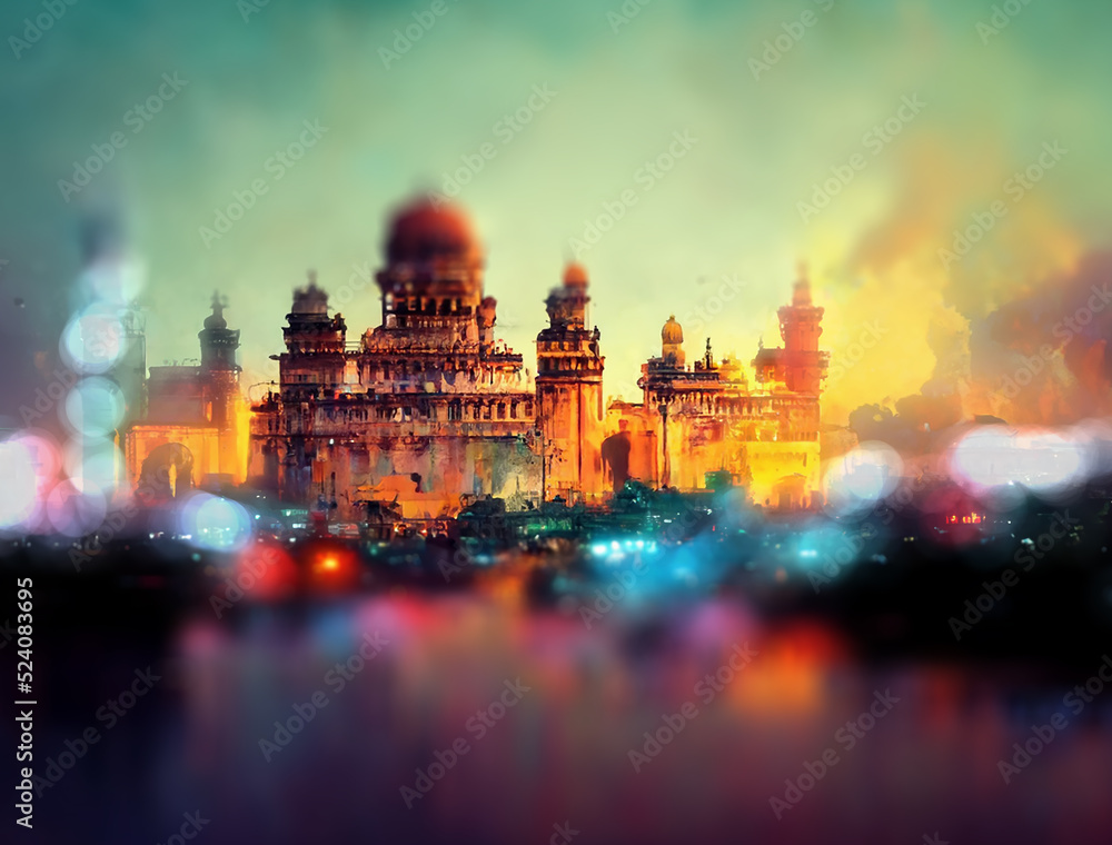 Blur matte painting tample city on river bank of india, Water temples