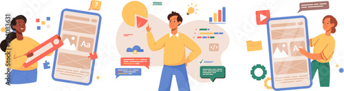 UX and UI design, programming concept banner, landing page. Female Designer team working on mobile app. Prototyping or coding web page or mobile app. Cms development.