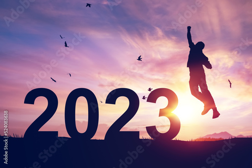 Silhouette man jumping and birds flying on sunset sky at top of mountain and number 2023 abstract background. Happy new year and holiday celebration concept.