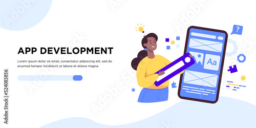 UX and UI design, programming concept banner, landing page. Female Designer team working on mobile app. Prototyping or coding web page or mobile app. Cms development.