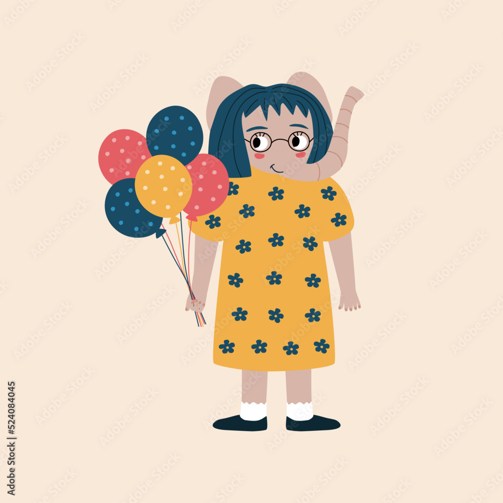 Funny elephant girl in yellow dress with balloons hand drawn vector illustration. Cute isolated animal character in flat style for kids alphabet. The letter 