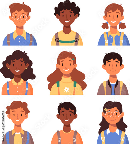 Set of children's portraits. Set of smiling faces of boys and girls with backpacks, different hairstyles, skin color, ethnicity. School kids avatars. flat vector illustration. Back to school clip art