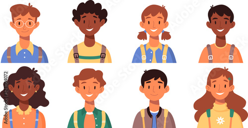 Set of children's portraits. Set of smiling faces of boys and girls with backpacks, different hairstyles, skin color, ethnicity. School kids avatars. flat vector illustration. Back to school clip art