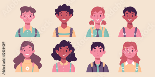 Set of children's portraits. Set of smiling faces of boys and girls with backpacks, different hairstyles, skin color, ethnicity. School kids avatars. flat vector illustration. Back to school clip art