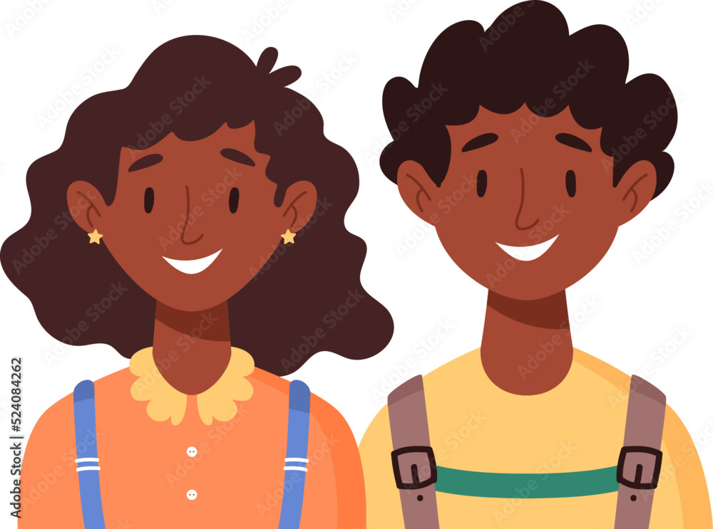 Fototapeta premium Happy smiling girl and boy classmates. African kids portrait. Children with backpacks. Primary school students back to class. Flat cartoon vector illustration. Friendship concept