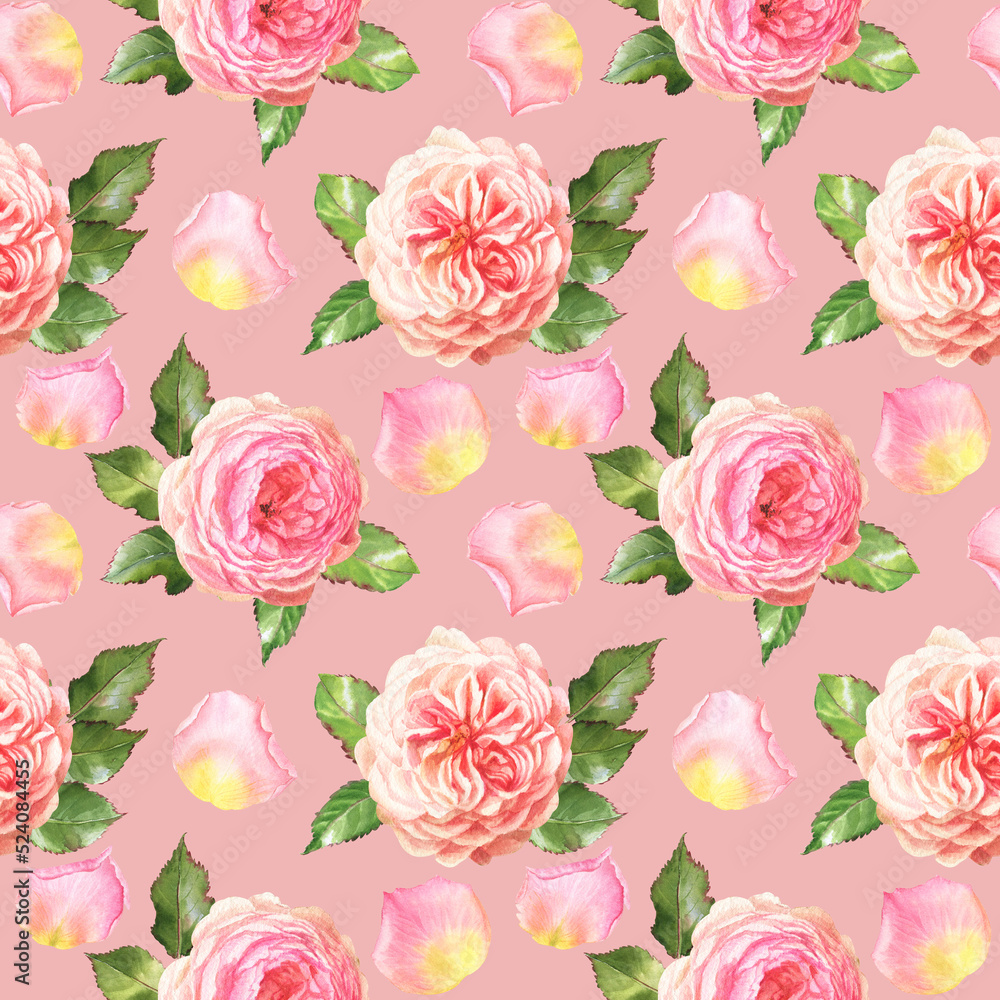 watercolor seamless pattern witn summer flowers - colorful roses in botanical style