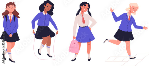 Happy children in school uniform with backpacks in class. Girls multiethnic classmates go back to school. Kids playing hopscotch, jumping, standing in different poses set. Cartoon vector illustration