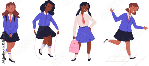Happy children in school uniform with backpacks in class. Girls multiethnic classmates go back to school. Kids playing hopscotch, jumping, standing in different poses set. Cartoon vector illustration