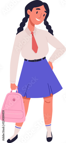Happy girl in school uniform standing with pink backpack. Back to school concept. Children want to learn and gain knowledge. Excellent smart student with school bag