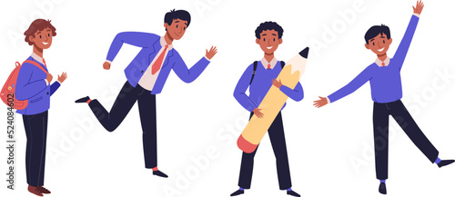 Happy children in school uniform with backpacks in class. Boys multiethnic classmates go back to school. Kids playing, standing in different poses set. Cartoon vector illustration banner