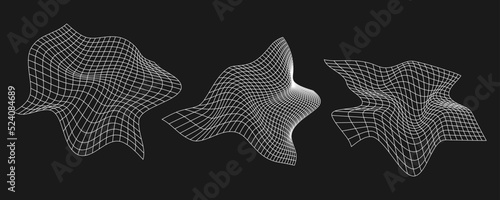 Set of cyber distorted grids, retro punk design elements. Wireframe wave geometry mesh on black background. Vector illustration.