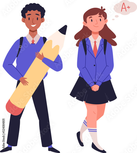 Happy african boy with pencil and girl in school uniform dreaming about high grades. Back to school concept. Children want to learn and gain knowledge. Friendship of different ethnic classmates