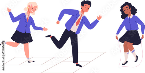 Group of children are playing hopscotch in the school yard. African girl in uniform jumping rope. Kids activities and sport in their free time. Classmates spend time together after lessons