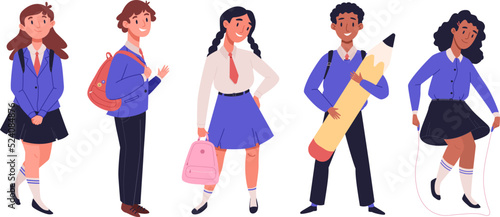 Happy children in school uniform with backpacks in class. Boys and girls multiethnic classmates go back to school. Kids playing, standing in different poses set. Cartoon vector illustration collection