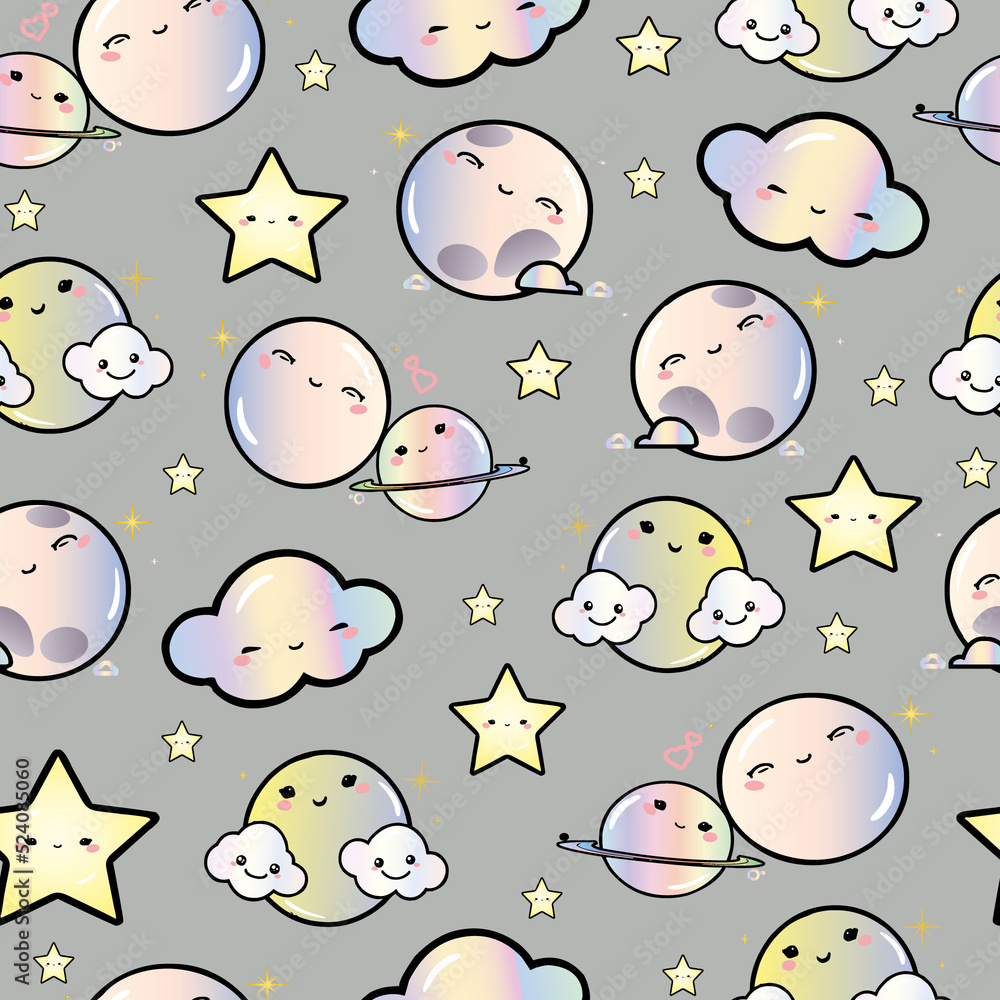Gray color background with Cute Kawaii Night Sky Planets & stars Seamless pattern Gray color background with Cute Kawaii Night Sky Planets & stars Seamless pattern