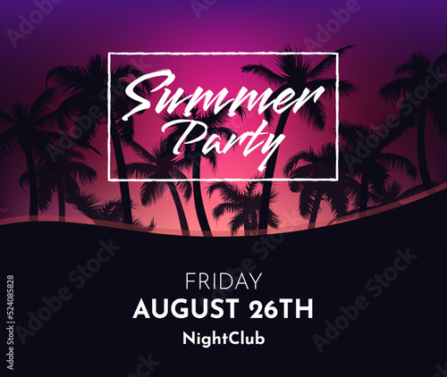 Summer tropical night background with palm trees silhouette, sky and red sunset. Music cocktails party poster, flyer, invitation card. Summer vacation. Hawaiian style neon template design.