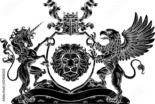Coat of Arms Crest Griffin Unicorn Lion Shield photo
