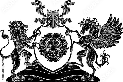 Coat of Arms Pegasus Lion Crest Shield Family Seal photo