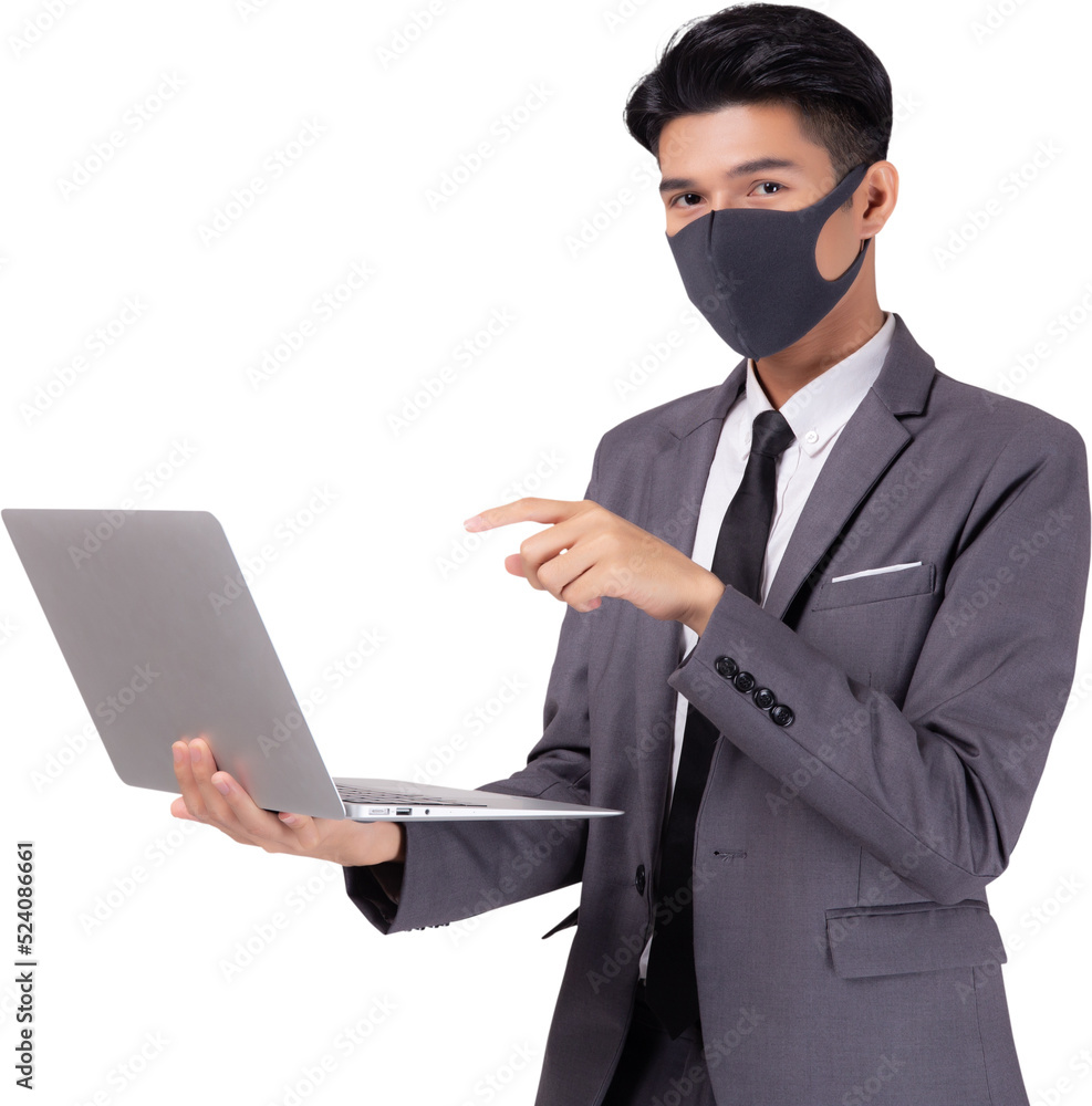 Young asian business man in face mask using laptop computer isolated png transparent file, quarantine and epidemic covid-19, businessman work from home for health, social distancing, new normal. Young asian business man in face mask using laptop computer isolated png transparent file, quarantine and epidemic covid-19, businessman work from home for health, social distancing, new normal.