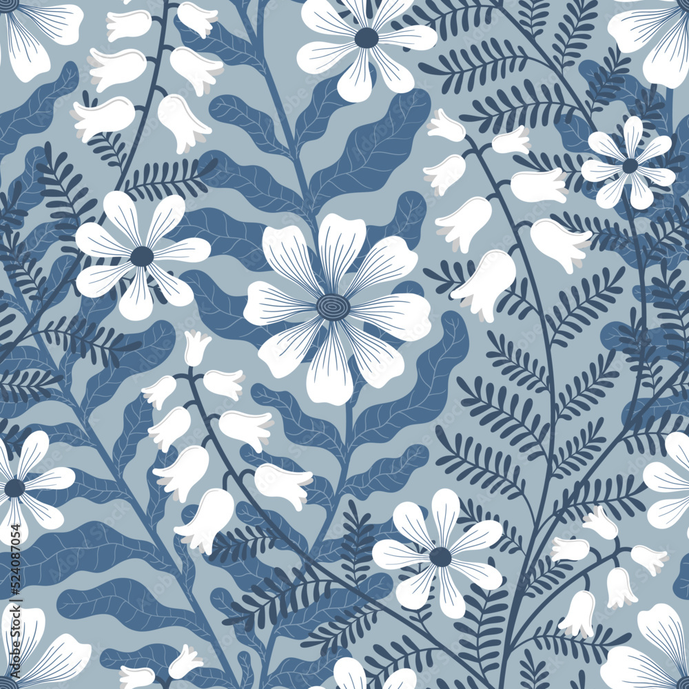 VECTOR SEAMLESS LIGHT BLUE BACKGROUND WITH WHITE WEAVING FLOWERS