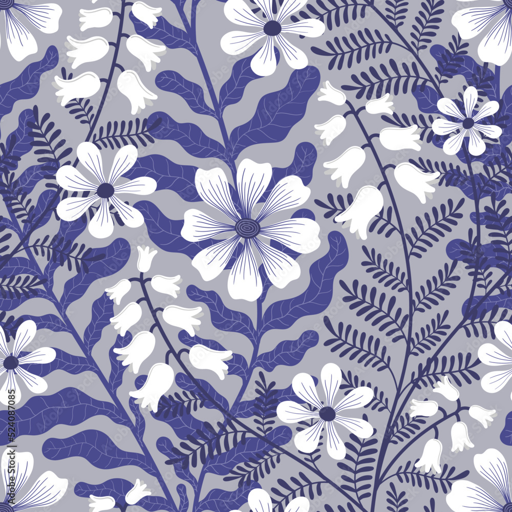 VECTOR SEAMLESS GRAY BACKGROUND WITH WHITE WEAVING FLOWERS
