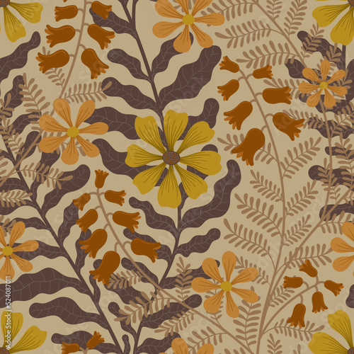 VECTOR SEAMLESS BEIGE BACKGROUND WITH WEAVING FLOWERS
