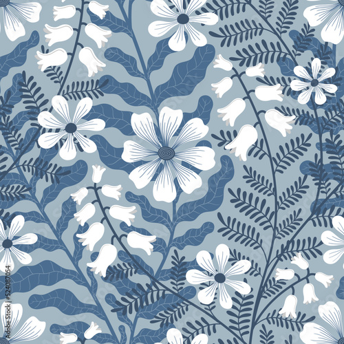 VECTOR SEAMLESS LIGHT BLUE BACKGROUND WITH WHITE WEAVING FLOWERS