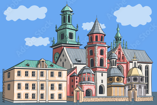 Krakow. Old multi-colored medieval buildings in the city center.