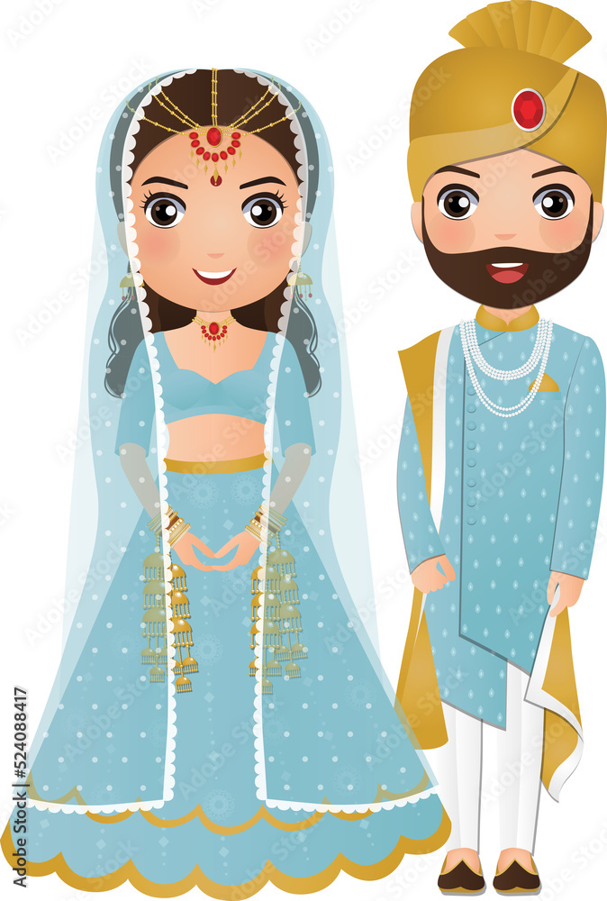 Bride and groom cute couple in traditional indian dress cartoon ...