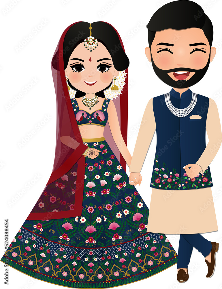 Bride and groom cute couple in traditional indian dress cartoon ...