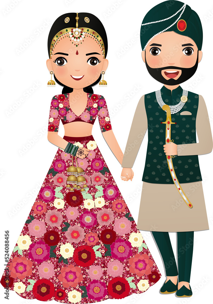 Bride and groom cute couple in traditional indian dress cartoon character Bride and groom cute couple in traditional indian dress cartoon character