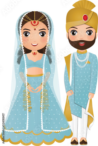 Bride and groom cute couple in traditional indian dress cartoon character